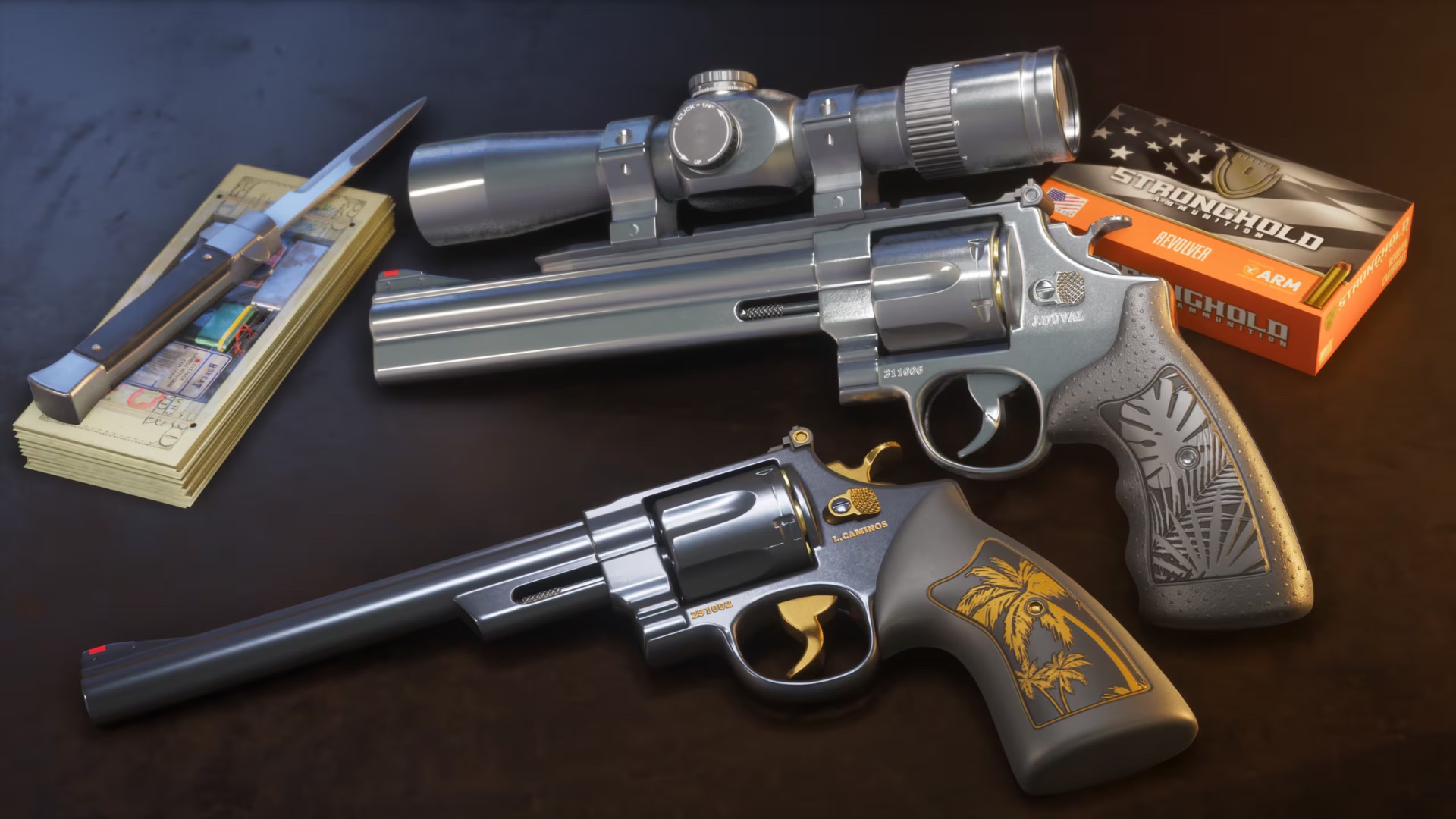 Engraved revolvers with palm-tree grips